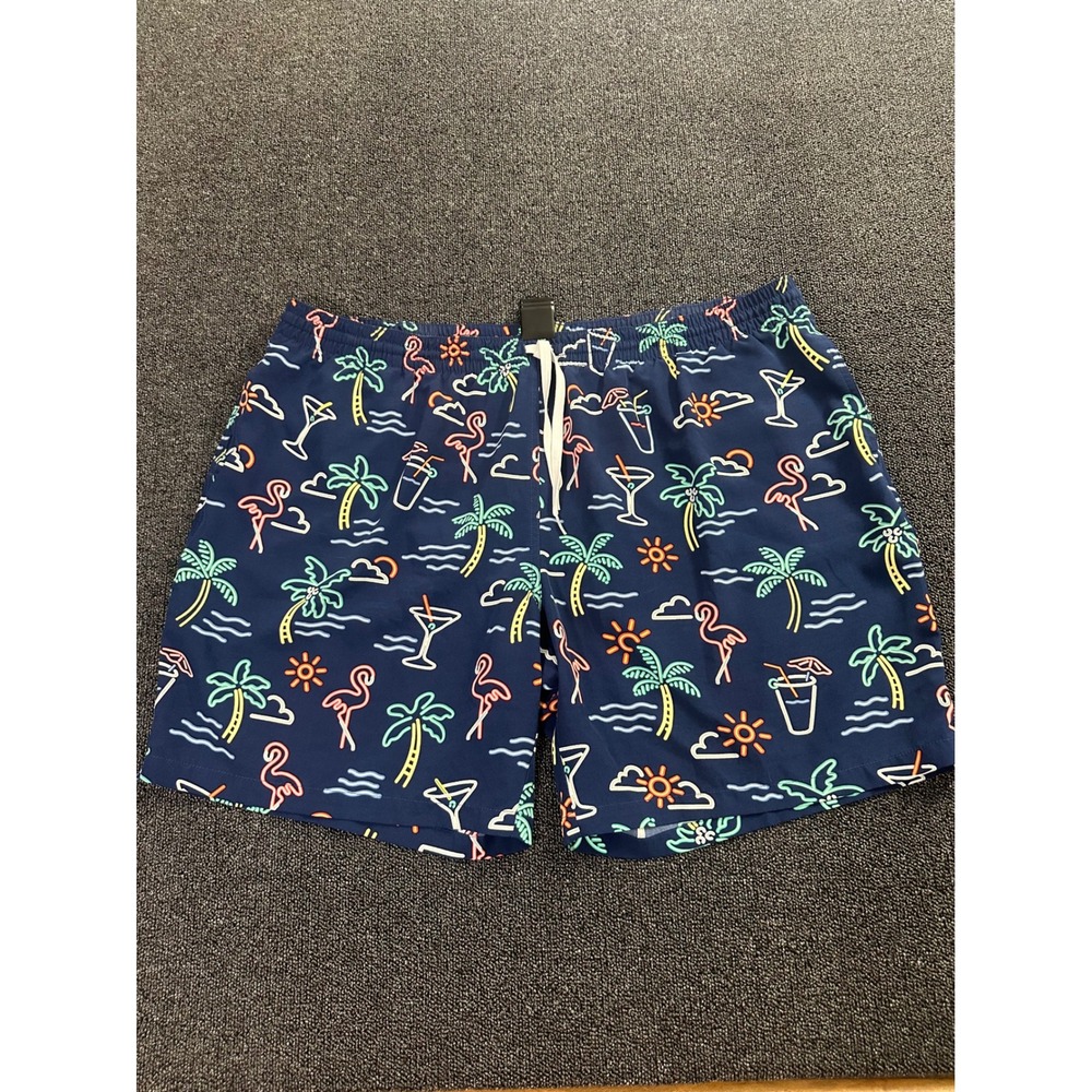 Chubbies Mens 3XL Navy Neon Lights Palm Tree Flamingo Swim Trunks 7" Inseam